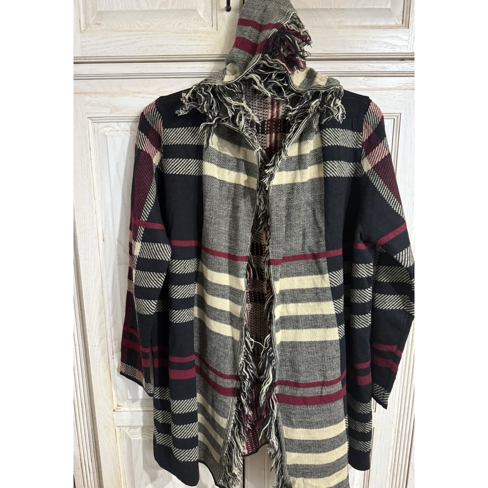 Signature Studio Women's Fringed Hooded Plaid Jacket Sweater XL